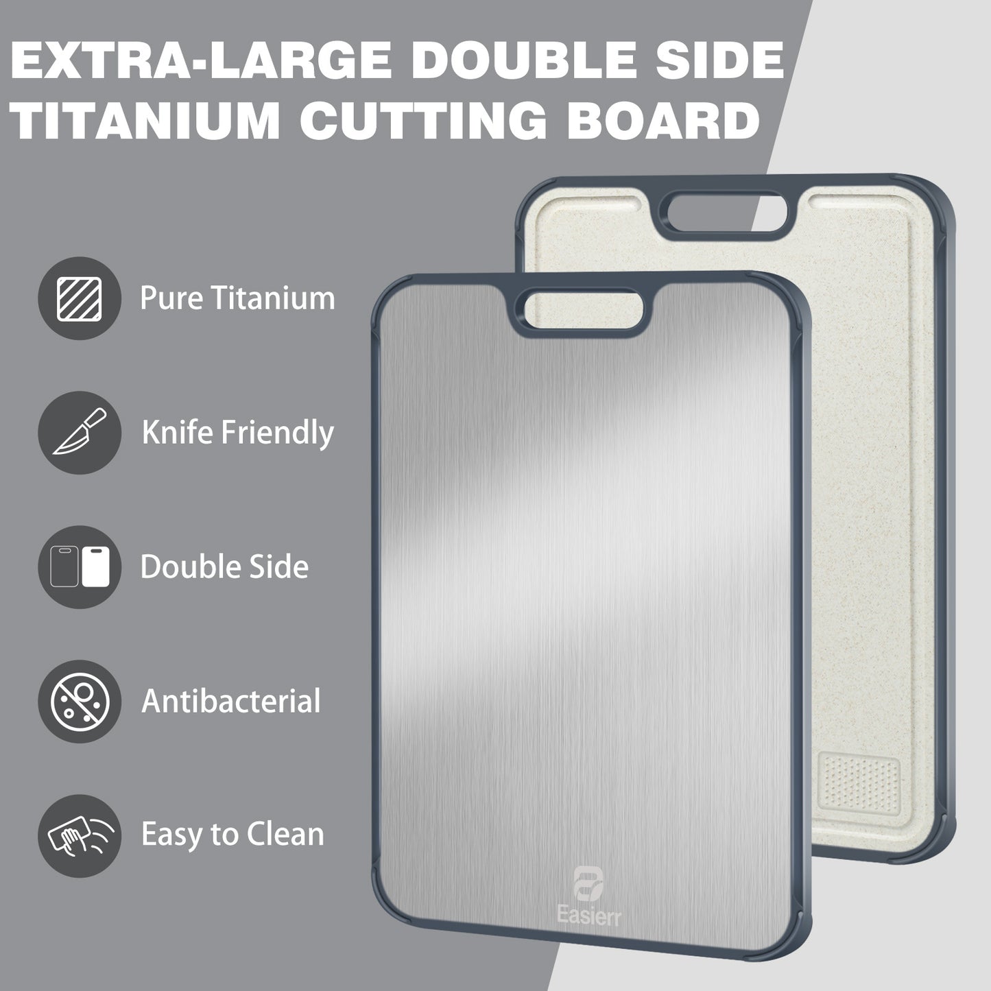 XL Titanium Cutting Board for Kitchen with Juice Groove, Pure Titanium and Wheat Straw PP