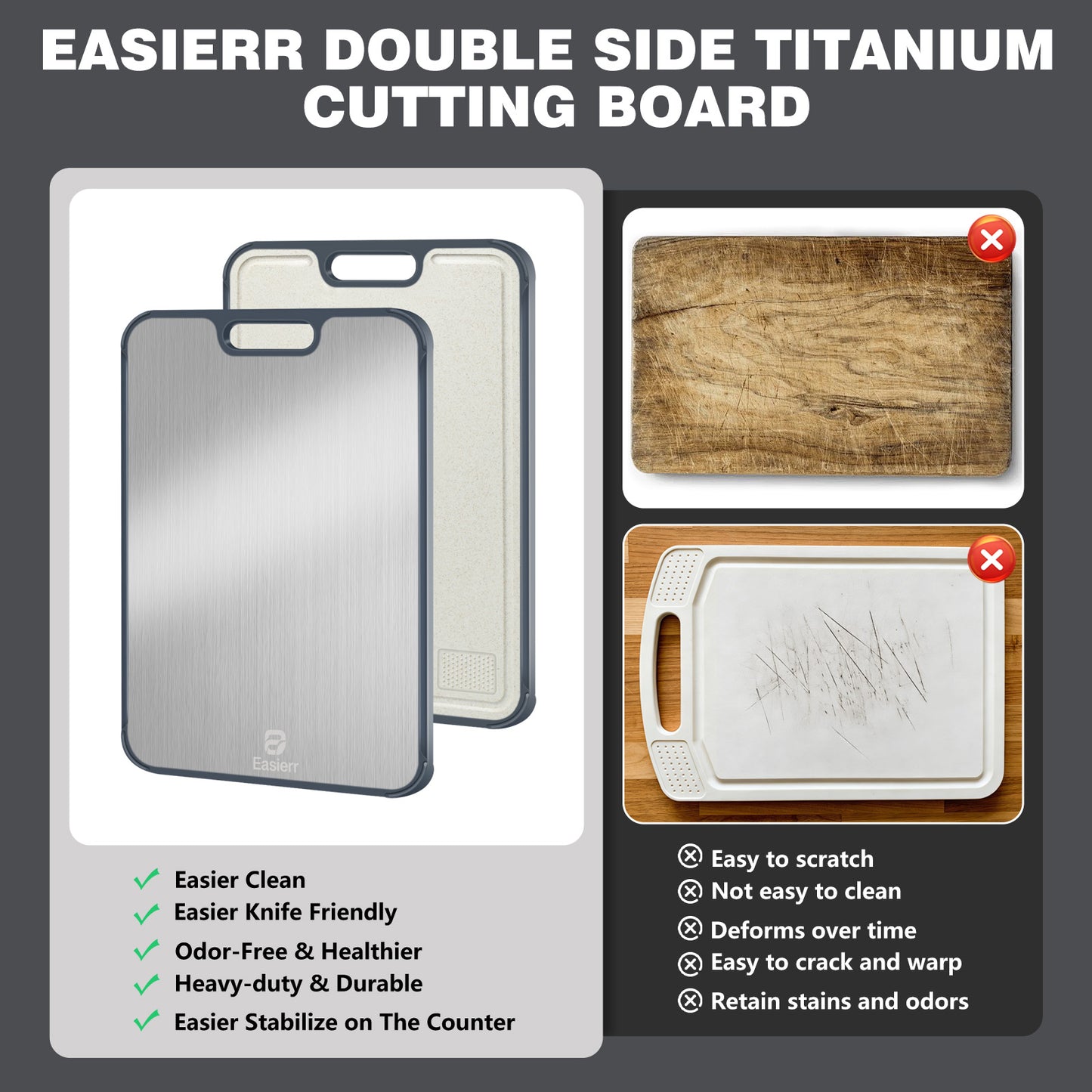 XL Titanium Cutting Board for Kitchen with Juice Groove, Pure Titanium and Wheat Straw PP