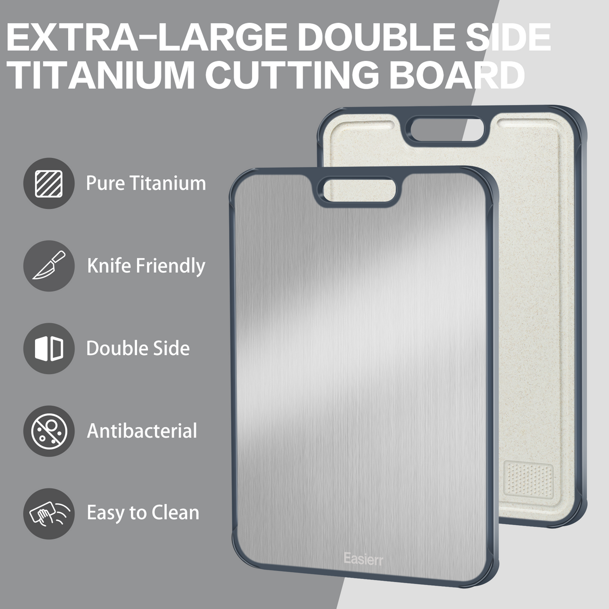 XL Titanium Cutting Board for Kitchen with Juice Groove, Pure Titanium and Wheat Straw PP
