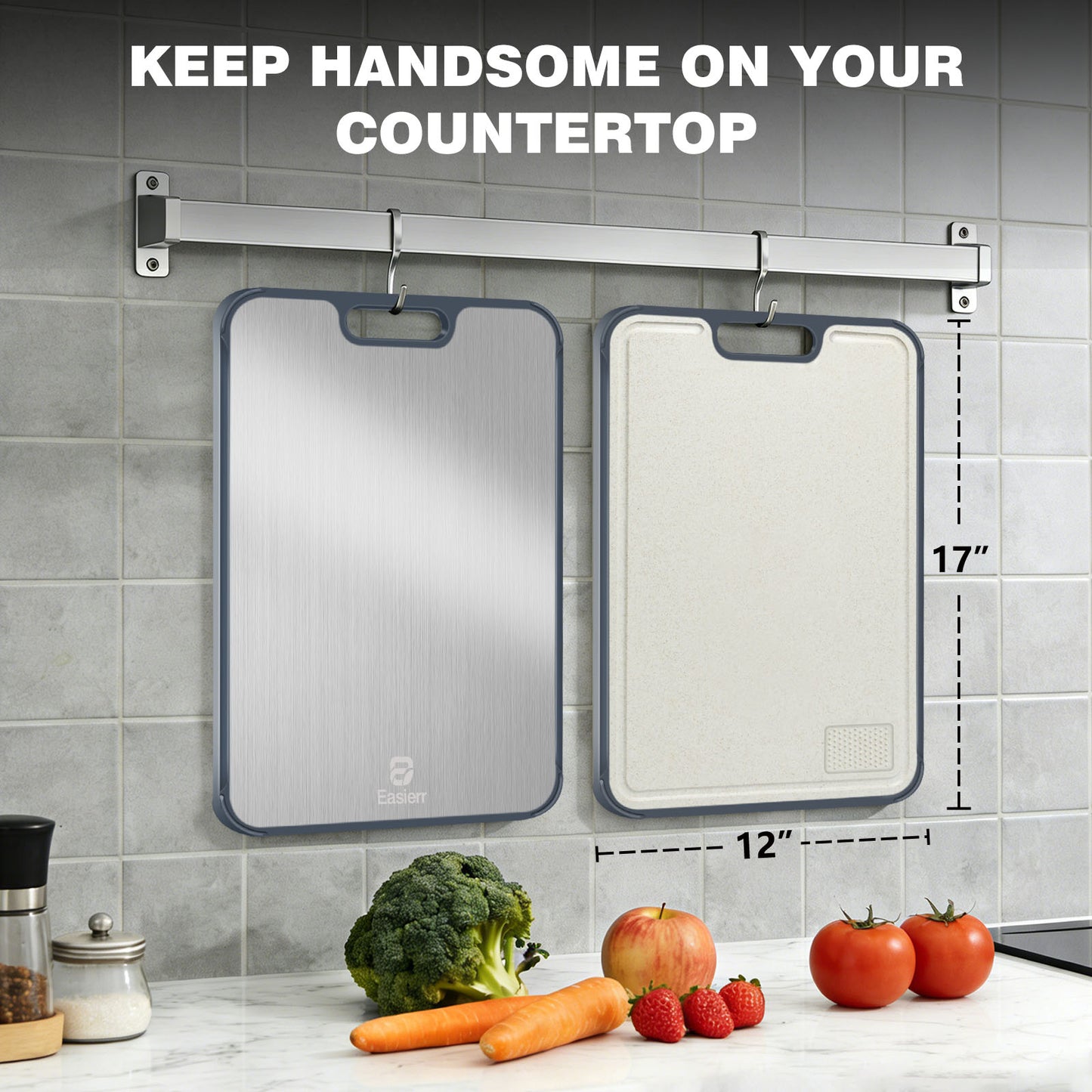 XL Titanium Cutting Board for Kitchen with Juice Groove, Pure Titanium and Wheat Straw PP