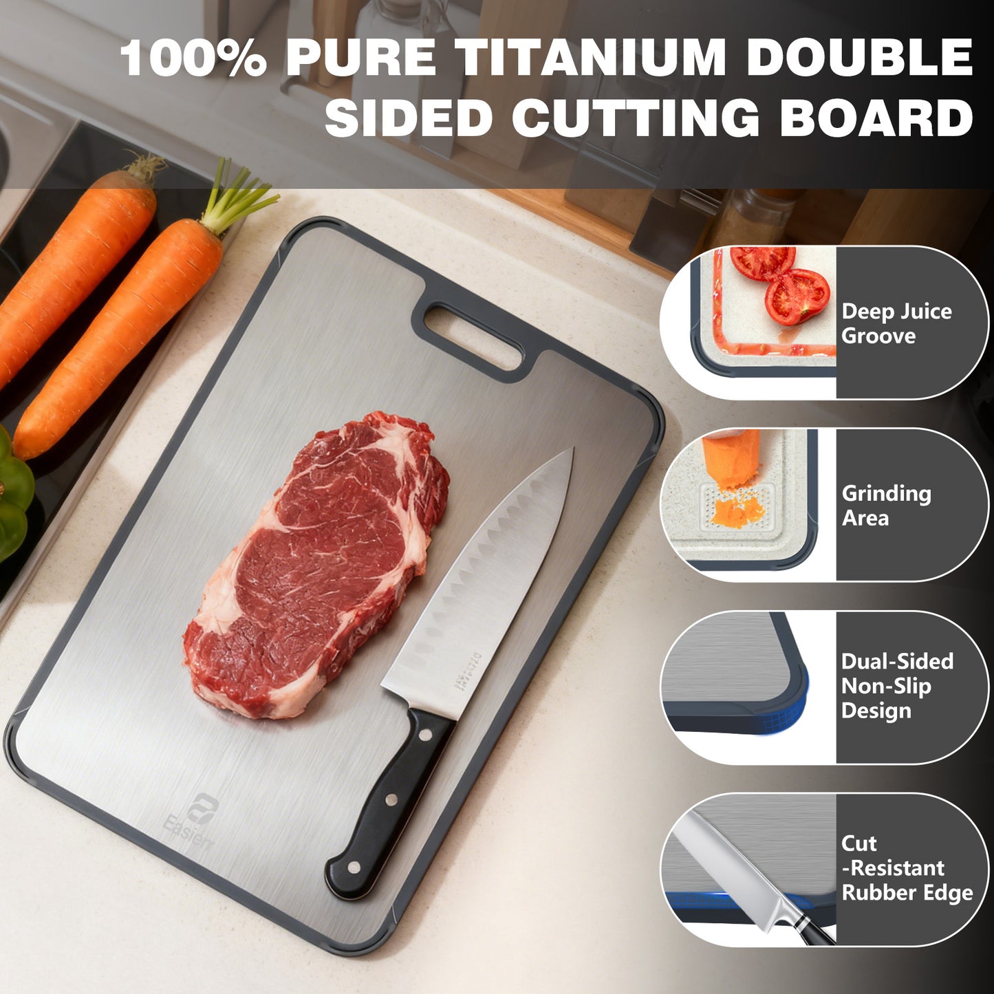 XL Titanium Cutting Board for Kitchen with Juice Groove, Pure Titanium and Wheat Straw PP