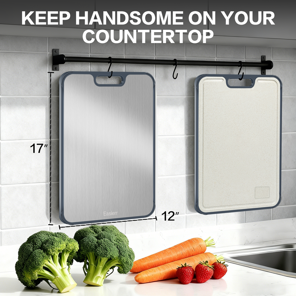 XL Titanium Cutting Board for Kitchen with Juice Groove, Pure Titanium and Wheat Straw PP