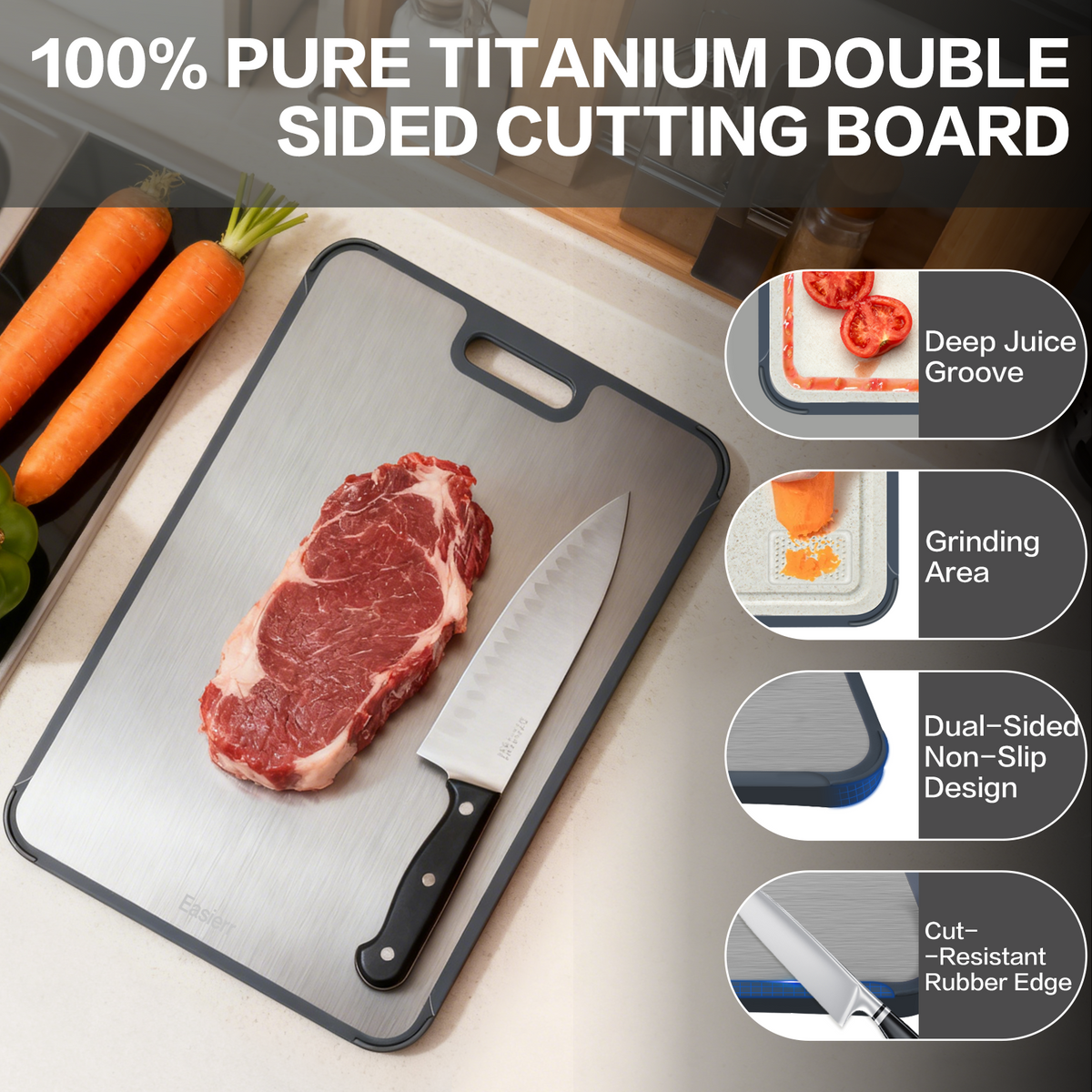 XL Titanium Cutting Board for Kitchen with Juice Groove, Pure Titanium and Wheat Straw PP