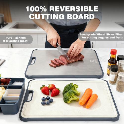 XL Titanium Cutting Board for Kitchen with Juice Groove, Pure Titanium and Wheat Straw PP