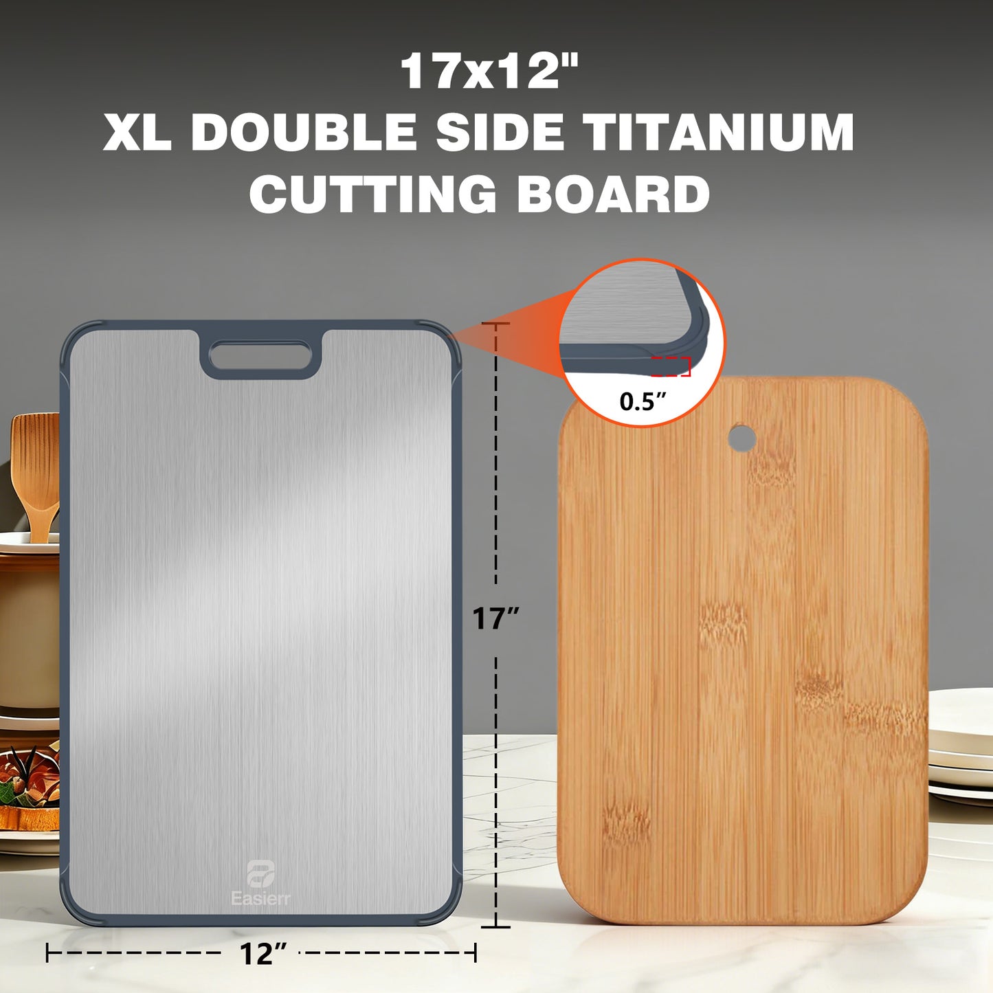 XL Titanium Cutting Board for Kitchen with Juice Groove, Pure Titanium and Wheat Straw PP