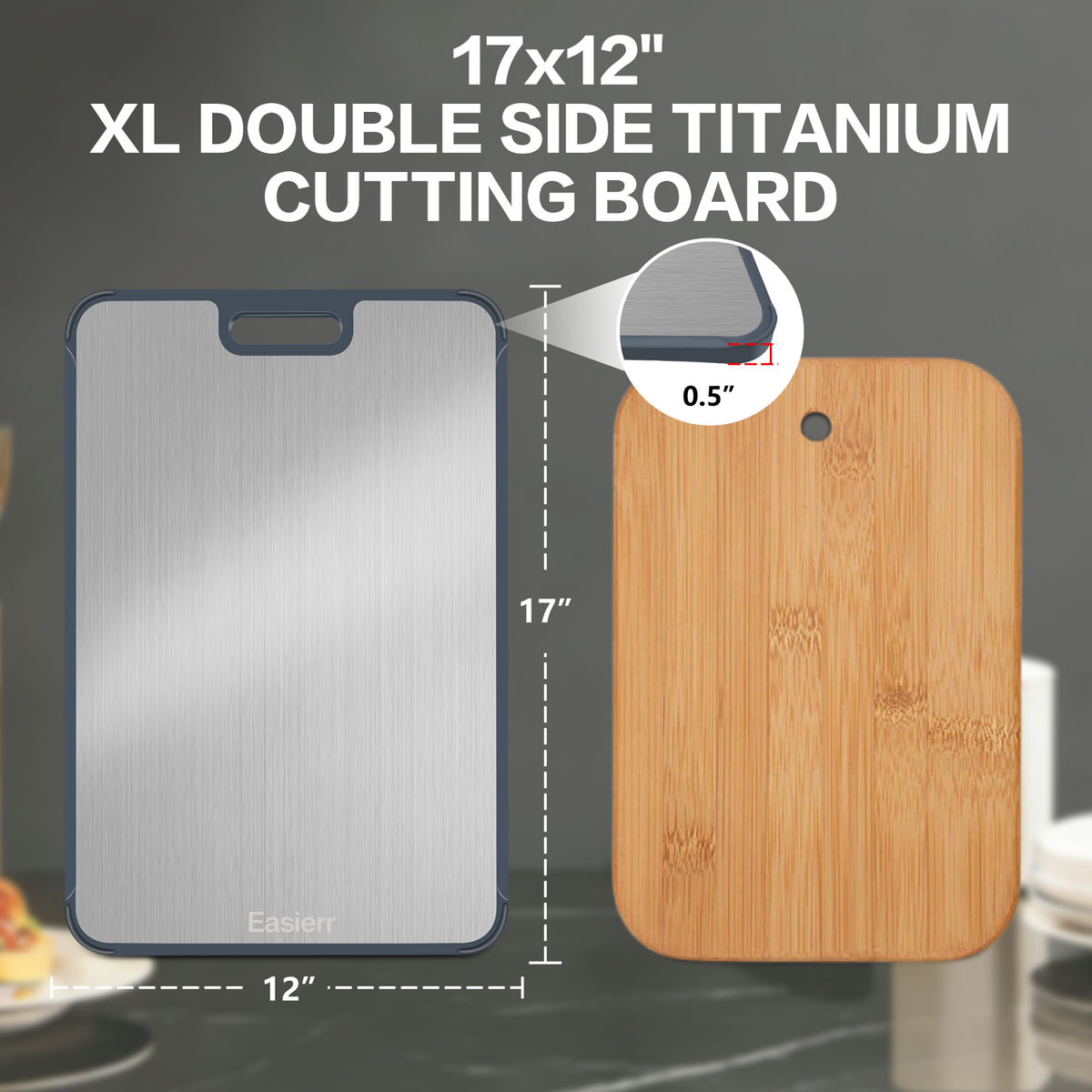XL Titanium Cutting Board for Kitchen with Juice Groove, Pure Titanium and Wheat Straw PP