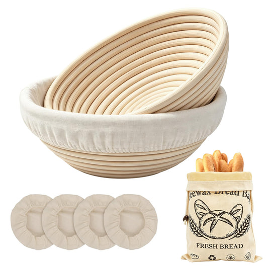 Banneton Bread Proofing Basket Set of 2, 9", with Beeswax Bread Bag
