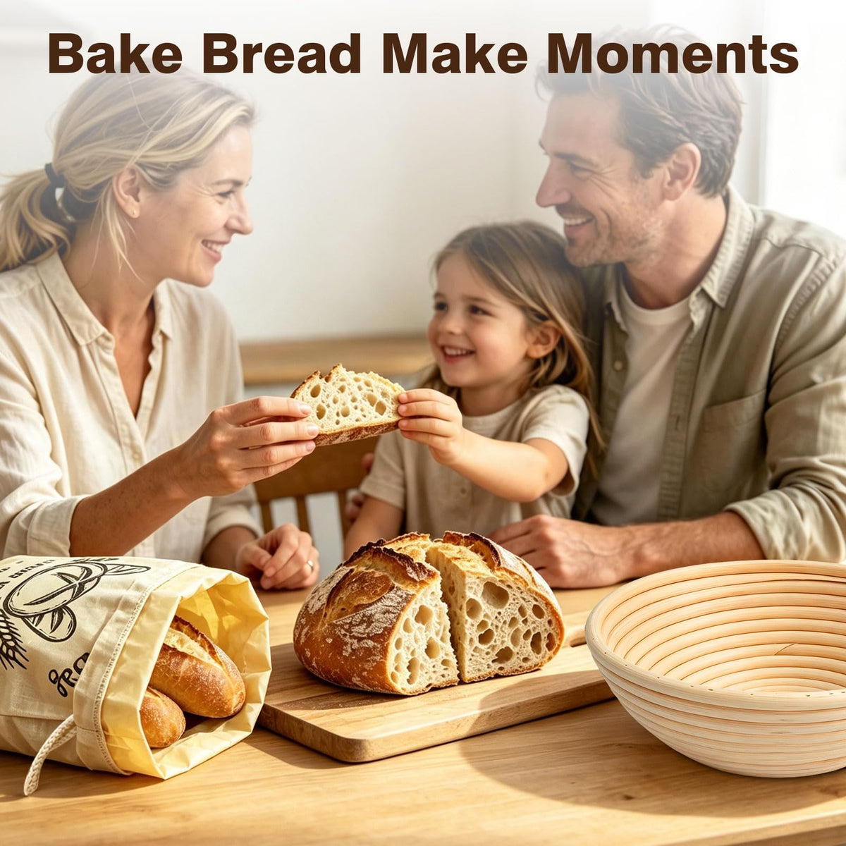 Banneton Bread Proofing Basket Set of 2, 9", with Beeswax Bread Bag