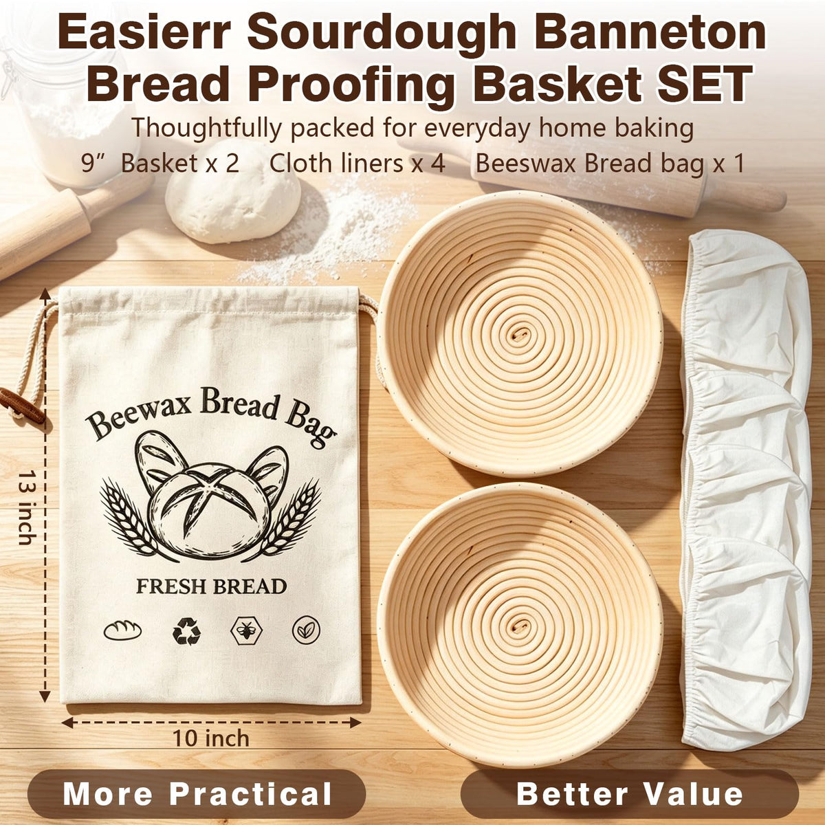 Banneton Bread Proofing Basket Set of 2, 9", with Beeswax Bread Bag