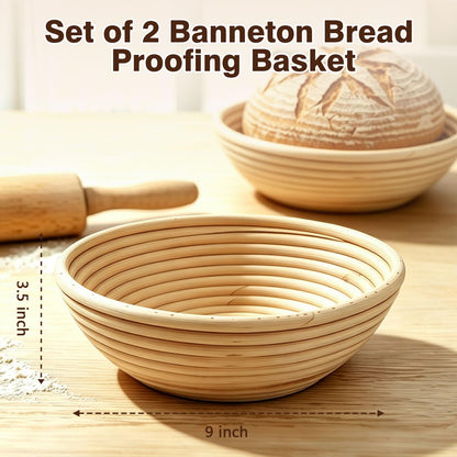 Banneton Bread Proofing Basket Set of 2, 9", with Beeswax Bread Bag