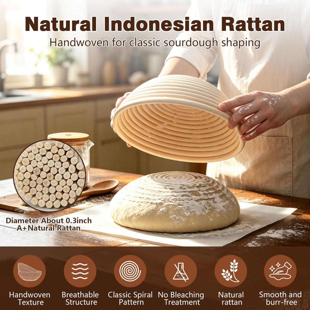 Banneton Bread Proofing Basket Set of 2, 9", with Beeswax Bread Bag