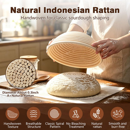 Banneton Bread Proofing Basket Set of 2, 9", with Beeswax Bread Bag
