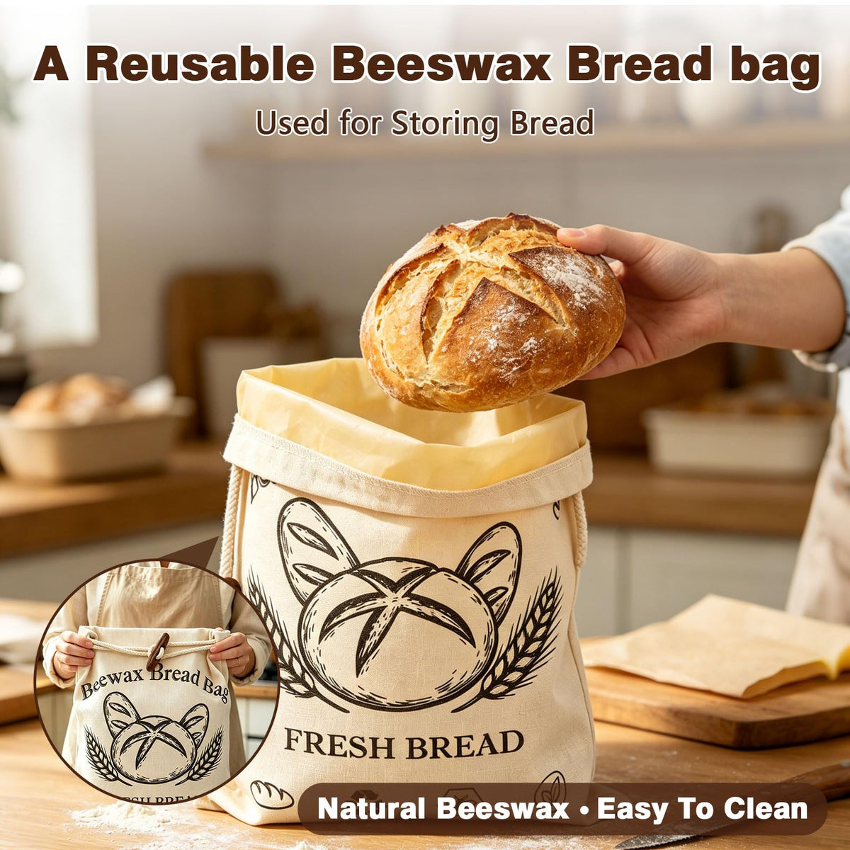 Banneton Bread Proofing Basket Set of 2, 9", with Beeswax Bread Bag