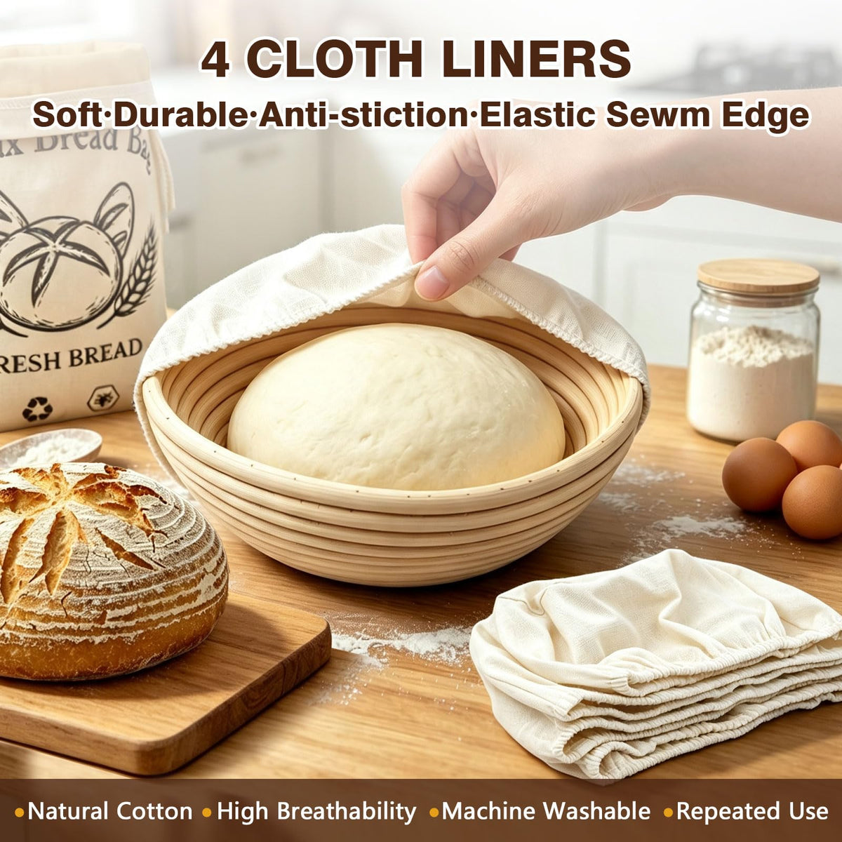 Banneton Bread Proofing Basket Set of 2, 9", with Beeswax Bread Bag