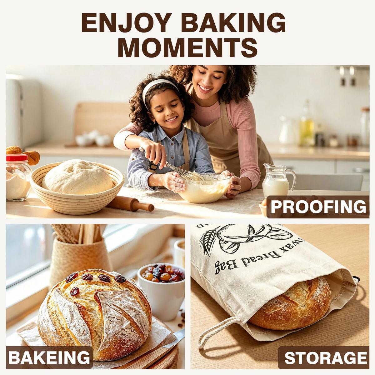 Banneton Bread Proofing Basket Set of 2, 9", with Beeswax Bread Bag